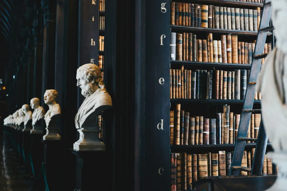 Bibliothèque ancienne, bustes de marbre et rayonnages