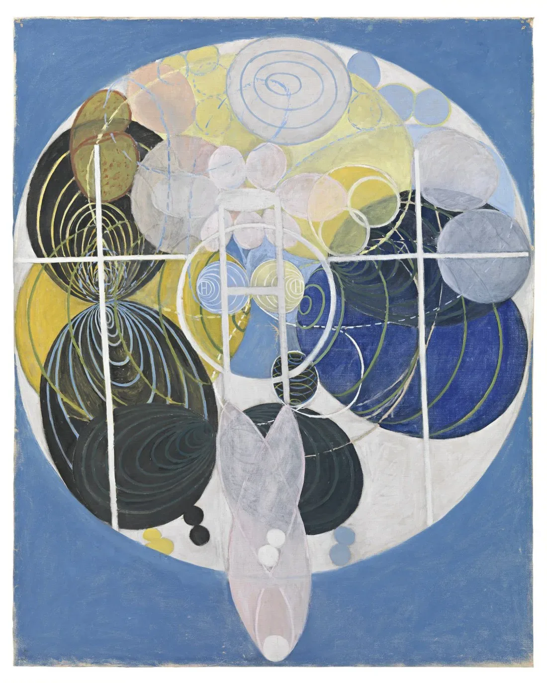 Peinture abstraite de cercles bleus, jaunes et noirs