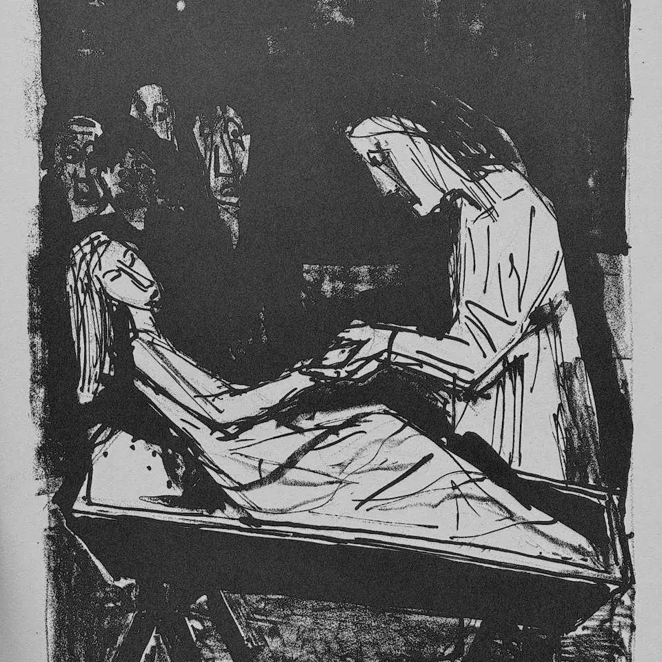 Estampe noir et blanc, personne veillant un malade alité