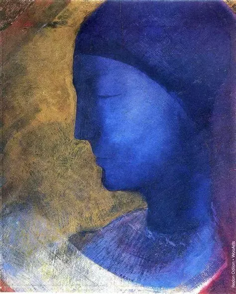 Peinture d'un profil bleu sur fond ocre, style symboliste